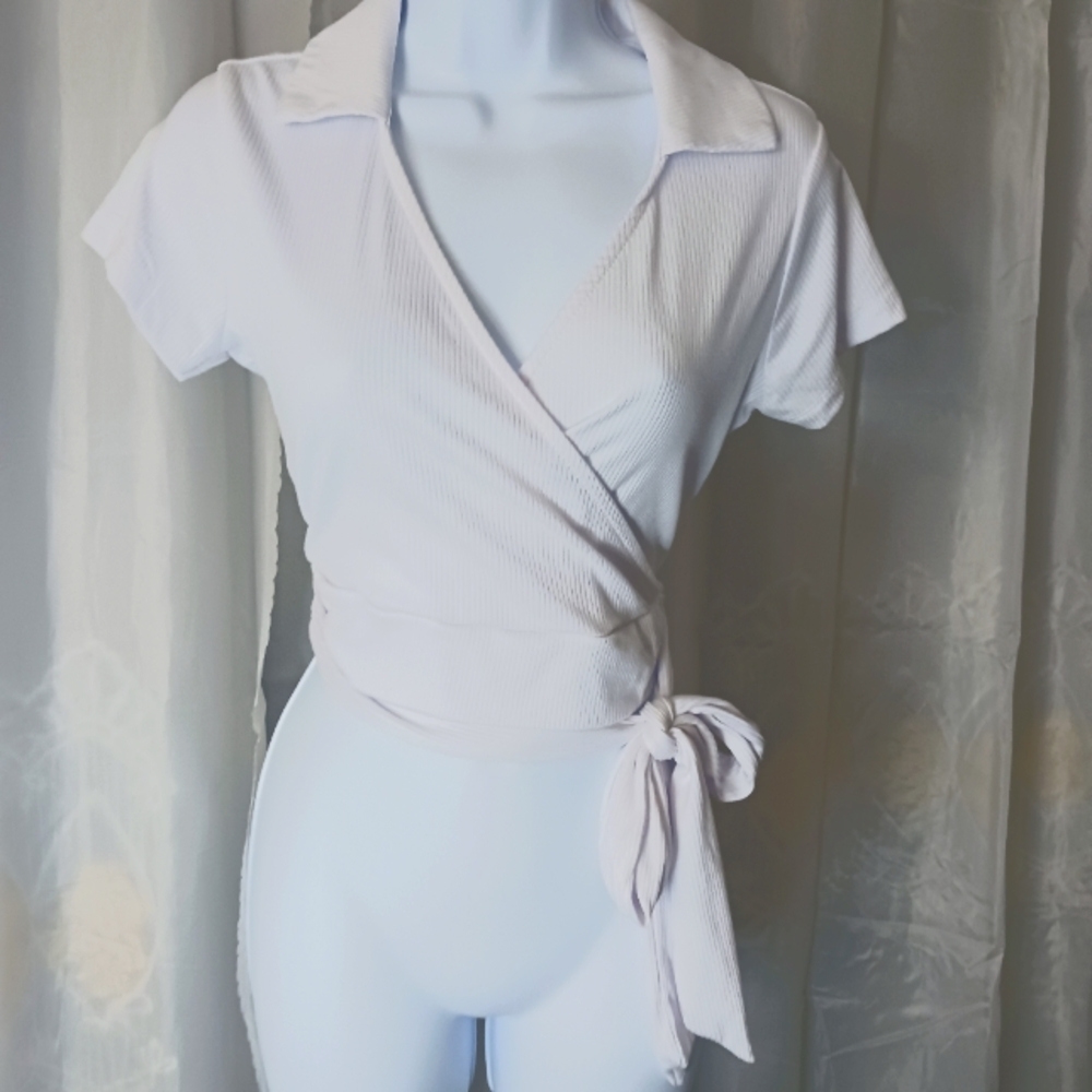 White stretch collared wrap around crop top